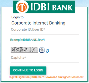 आईडीबीआई कॉर्पोरेट इंटरनेट बैंकिंग लॉगिन फॉर्म
