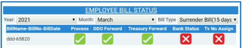 Surrender bill status (15 days) page