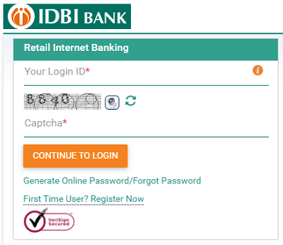 आईडीबीआई रिटेल इंटरनेट बैंकिंग लॉगिन फॉर्म