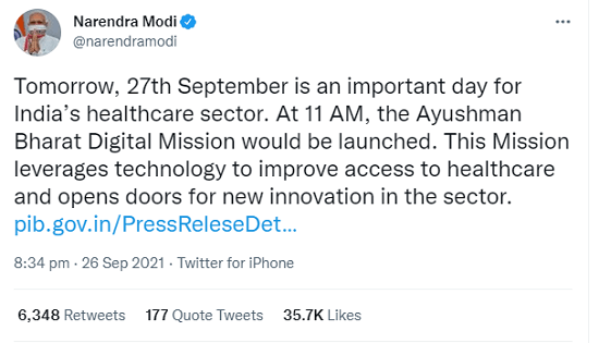 आयुष भारत डिजिटल स्वास्थ्य मिशन पर प्रधानमंत्री का ट्वीट